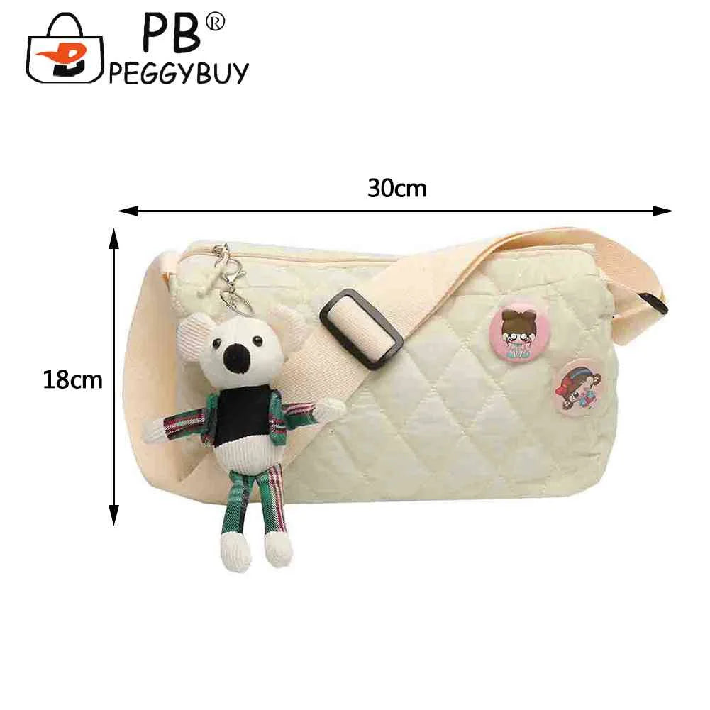 Quilted Shoulder Messenger Bag with Bear Pendant for Ladies Travel