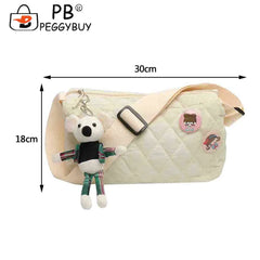 Quilted Shoulder Messenger Bag with Bear Pendant for Ladies Travel