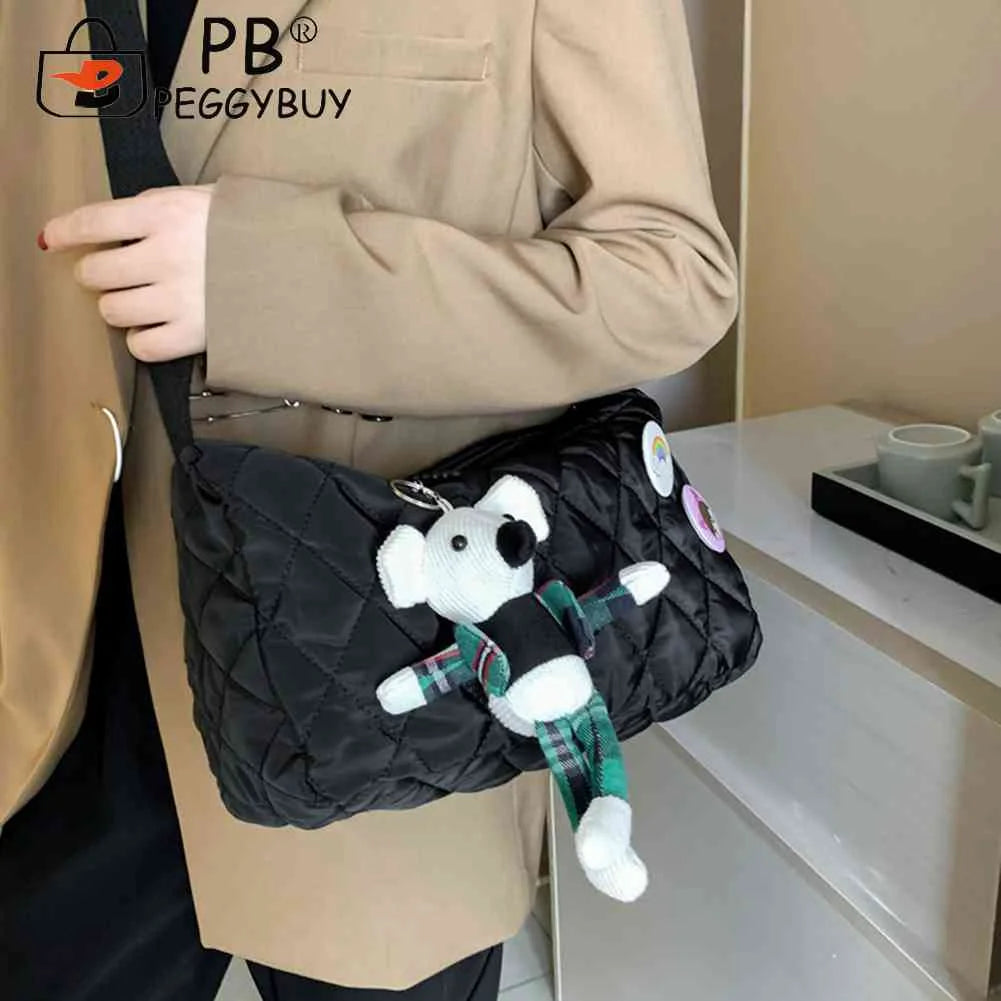 Quilted Shoulder Messenger Bag with Bear Pendant for Ladies Travel