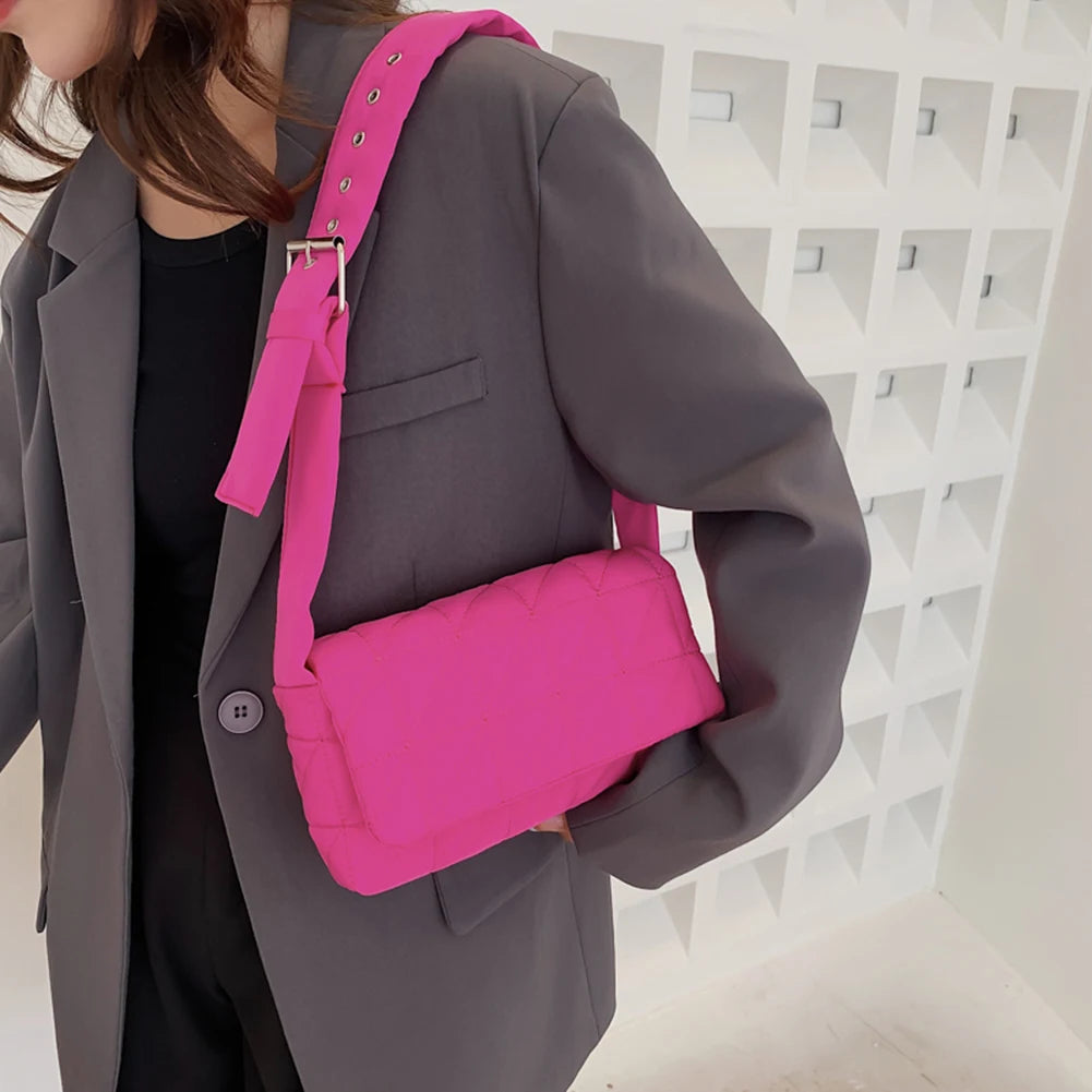 Quilted Crossbody Bag with Belt Buckle - Women's Shoulder Bag