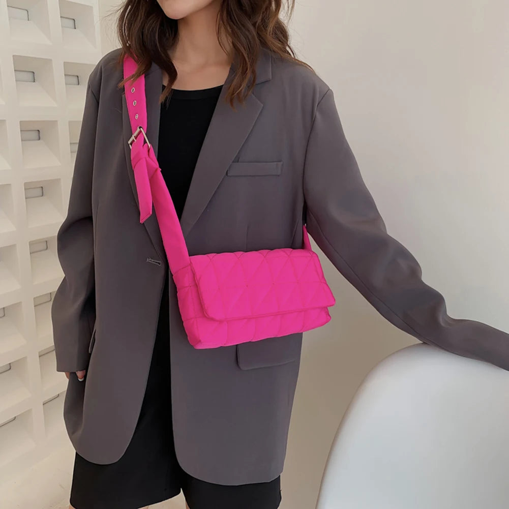 Quilted Crossbody Bag with Belt Buckle - Women's Shoulder Bag