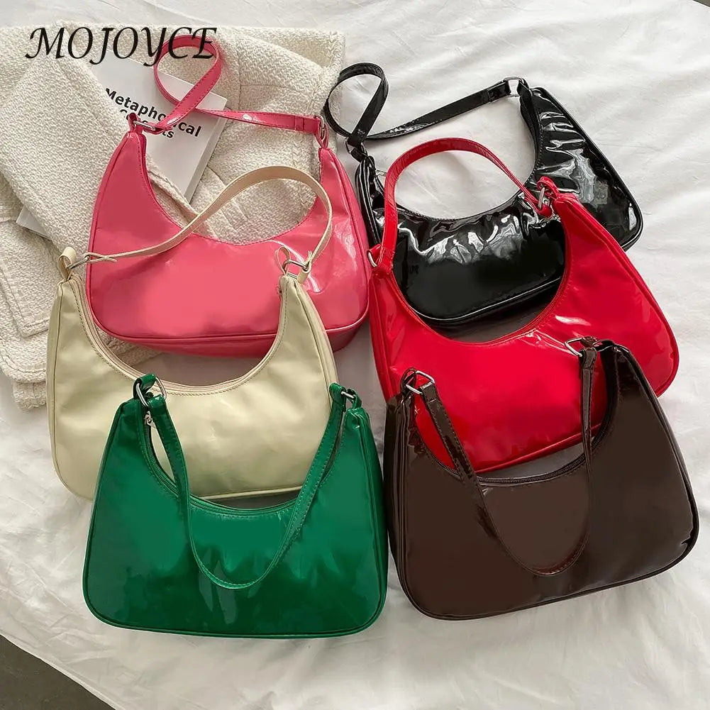 Shoulder Bag Women Patent Leather Solid Crescent Handbag Ladies