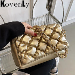 Leather Shoulder Bag Retro Small Quilted Metal Chain