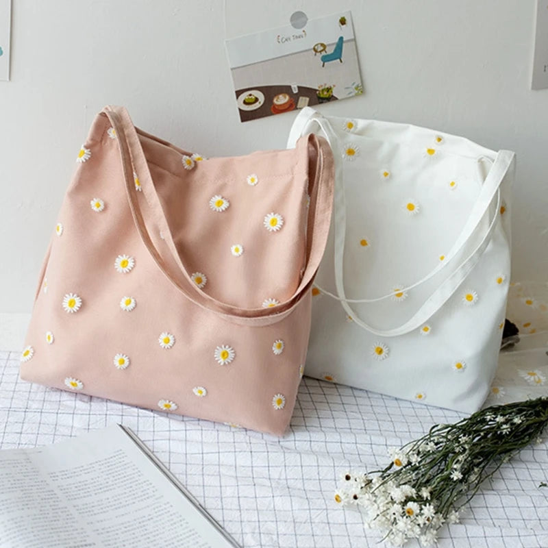 Canvas Shoulder Bag with Daisy Embroidery