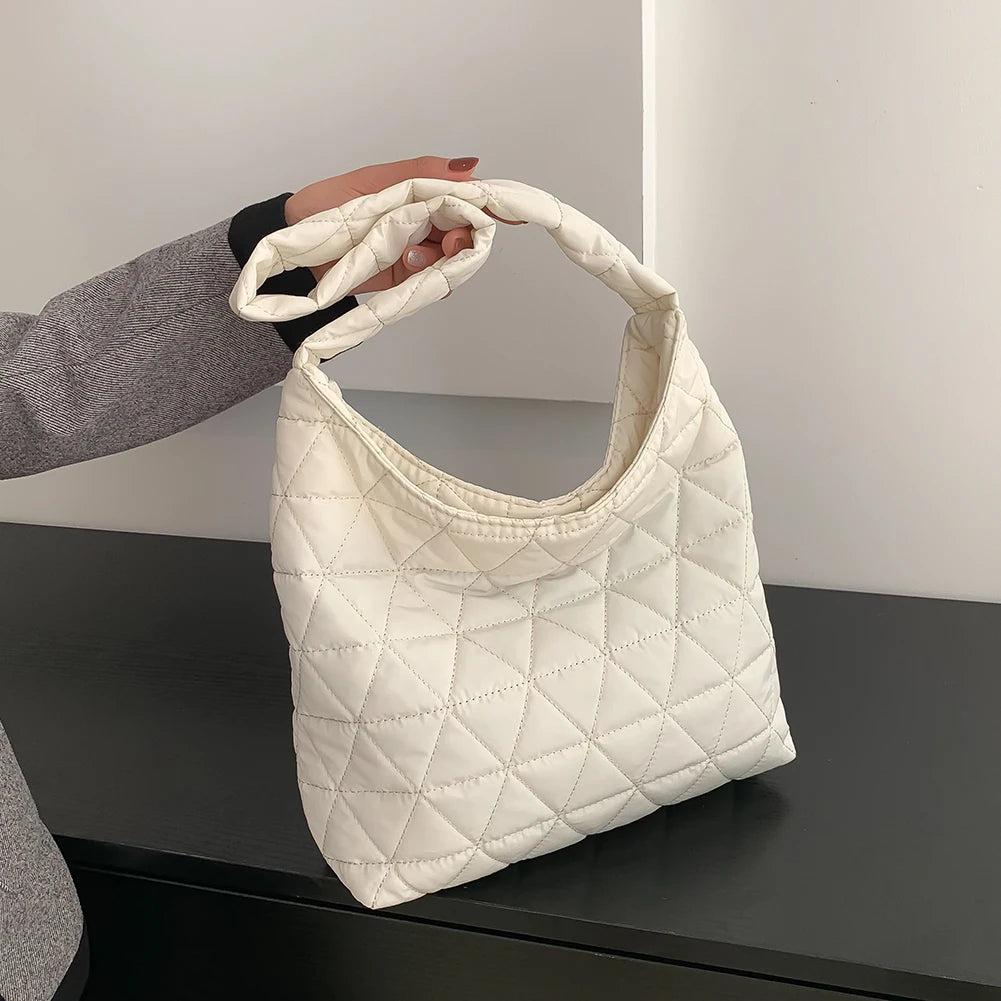 Shoulder Tote Bag Cotton Soft Women Underarm Handbag Quilted Rhombus Pattern