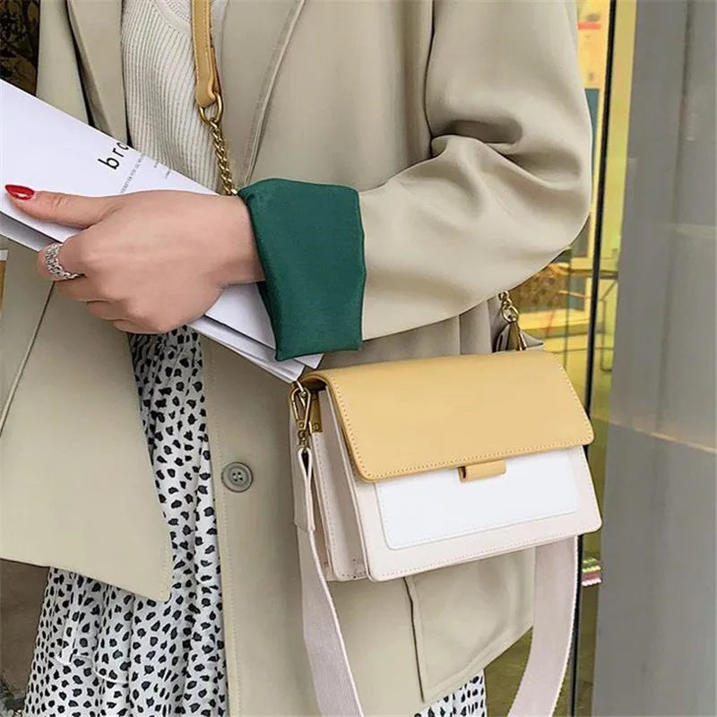 Women's Contrast PU Leather Crossbody Bag Handbag Shoulder Bag