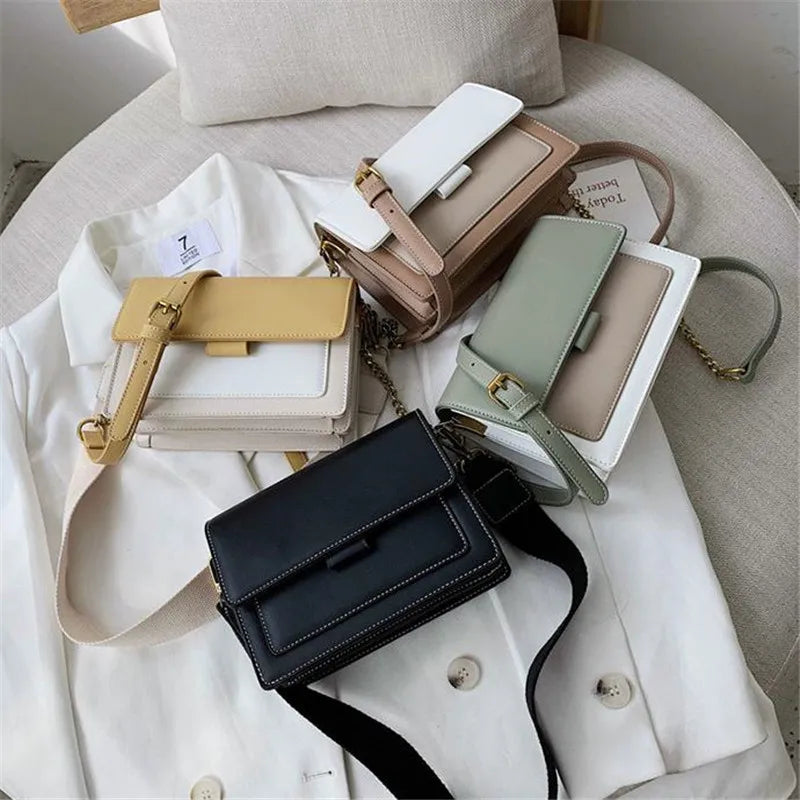 Women's Contrast PU Leather Crossbody Bag Handbag Shoulder Bag