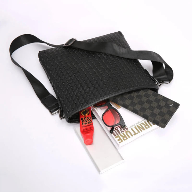 Men's Crossbody Sling Bag Weave PU Leather Messenger Bag