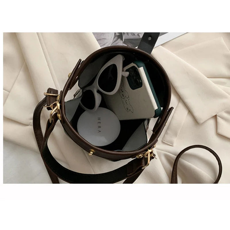 Small Bucket Bags for Women Zipper Crossbody Bag PU Leather Handbag