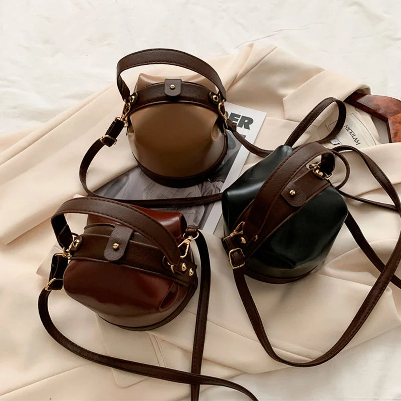Small Bucket Bags for Women Zipper Crossbody Bag PU Leather Handbag
