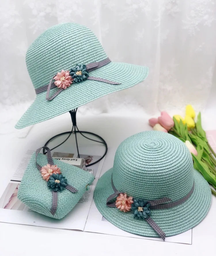 Straw Sun Hat Baby Girl Summer Cap Beach Visor Hat Set