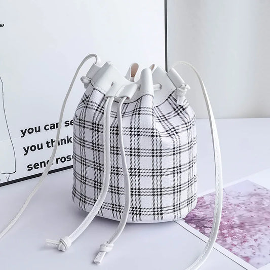 Plaid Drawstring Shoulder Crossbody Bag Women PU Leather Bucket Bags
