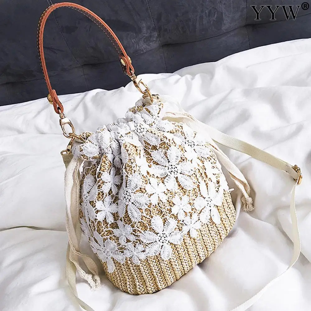 Women Beach Straw Woven Floral Embroidery Shoulder Bag