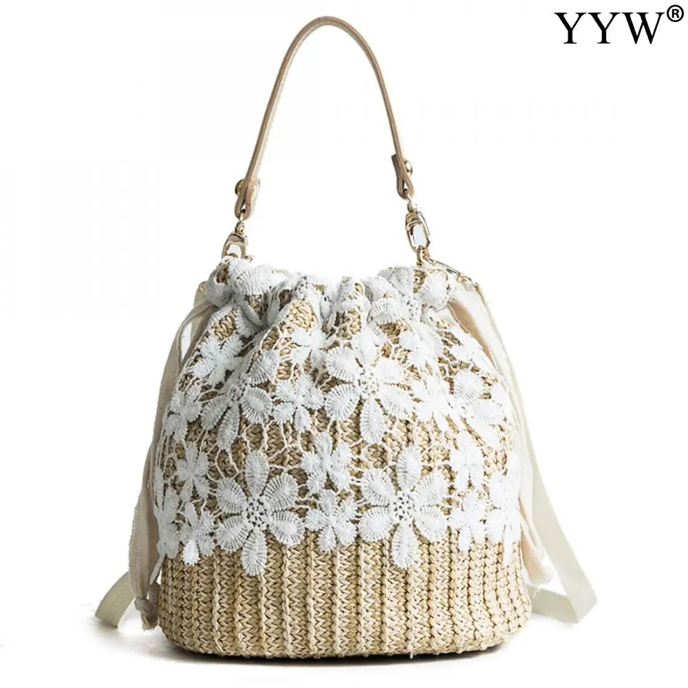Women Beach Straw Woven Floral Embroidery Shoulder Bag