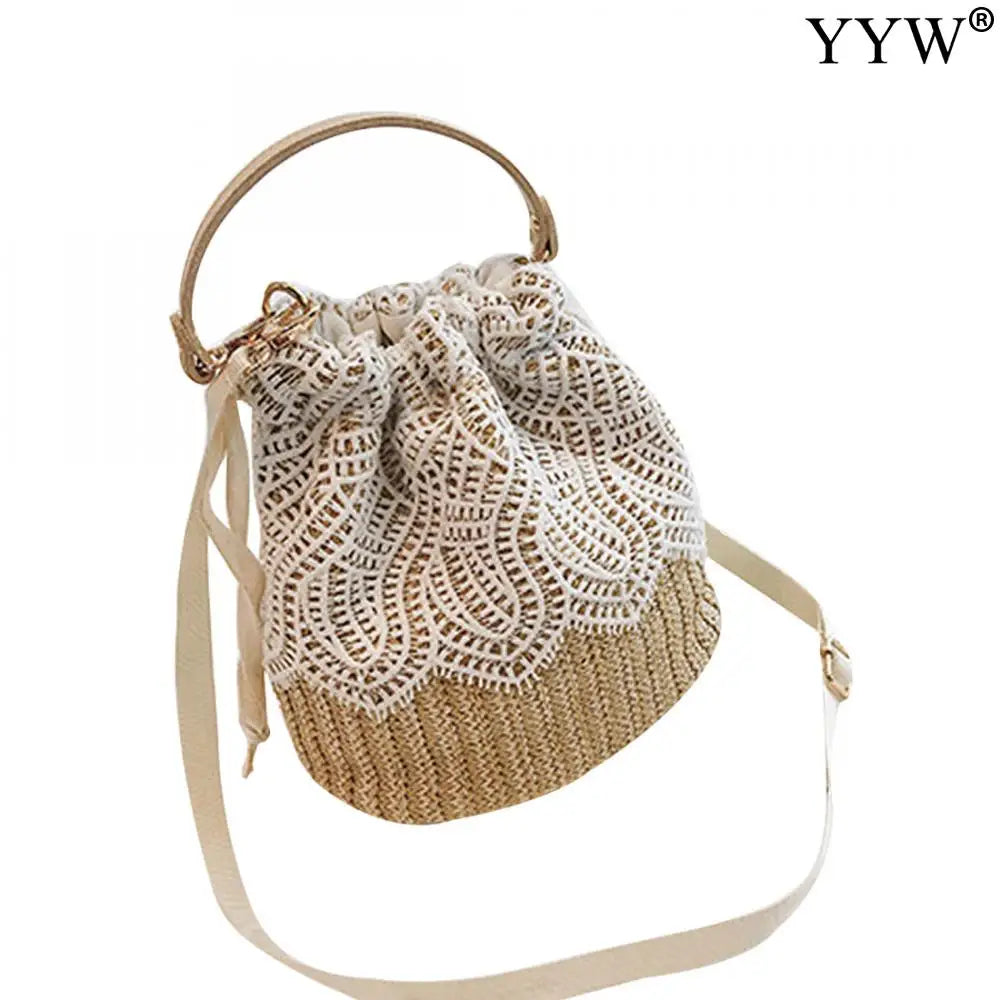 Women Beach Straw Woven Floral Embroidery Shoulder Bag