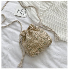 Small Shoulder Bags Women Beach Straw Woven Flower Embroidery Bags