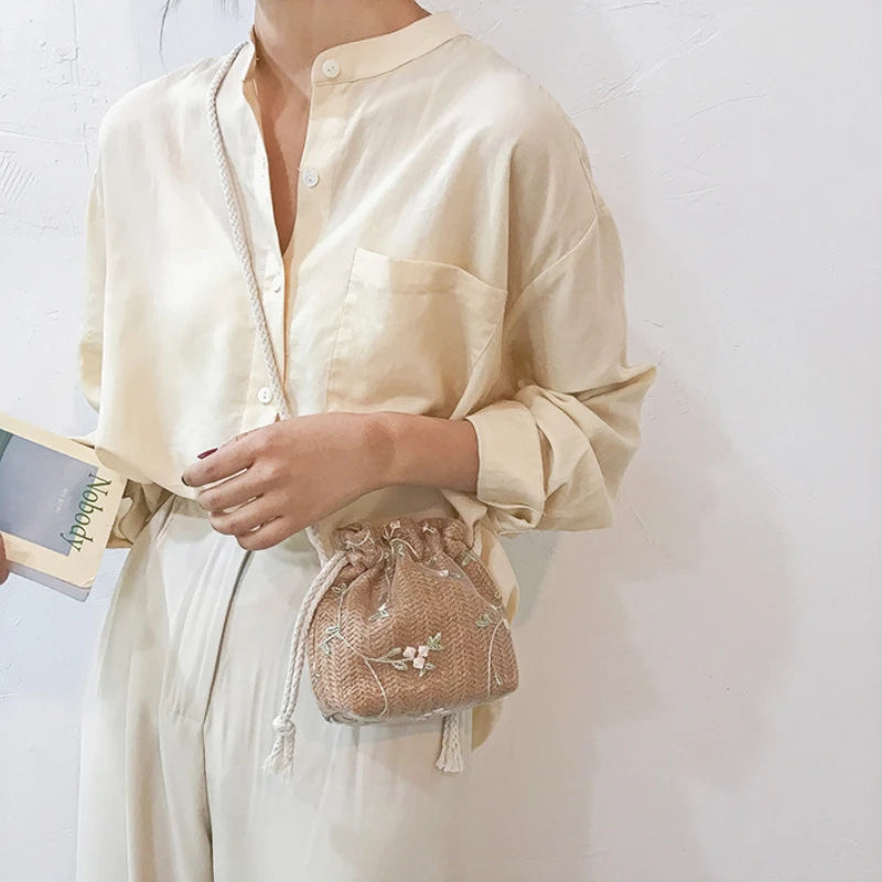 Small Shoulder Bags Women Beach Straw Woven Flower Embroidery Bags