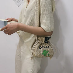Women Beach Straw Woven Flower Embroidery Shoulder Bag