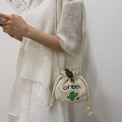 Women Beach Straw Woven Flower Embroidery Shoulder Bag