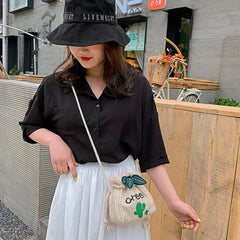 Women Beach Straw Woven Flower Embroidery Shoulder Bag