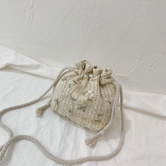 Women Straw Beach Bag Flower Embroidery Crossbody Handbag