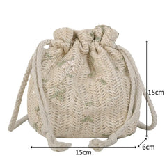 Small Straw Beach Bag Flower Embroidery Crossbody Handbag