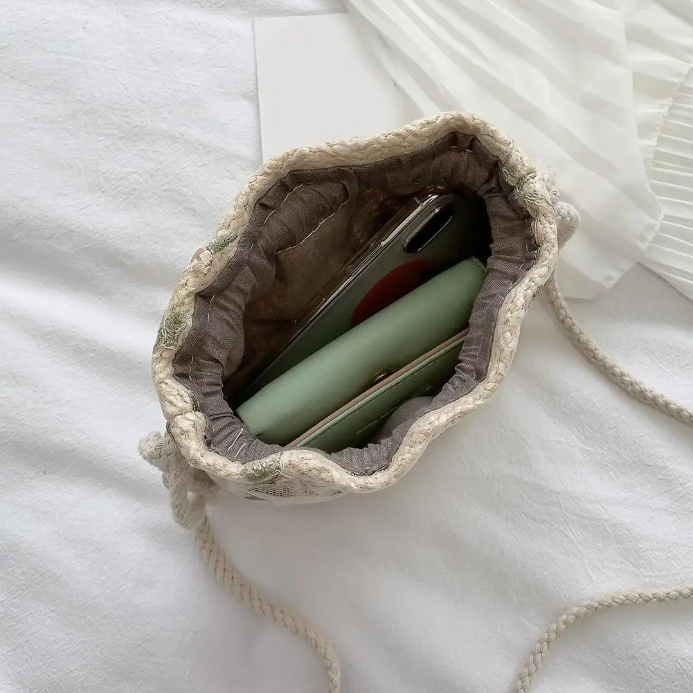 Small Straw Beach Bag Flower Embroidery Crossbody Handbag
