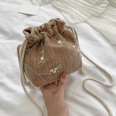 Small Straw Beach Bag Flower Embroidery Crossbody Handbag