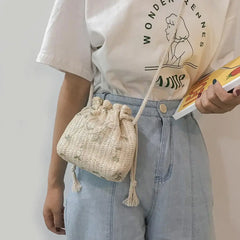 Small Straw Beach Bag Flower Embroidery Crossbody Handbag