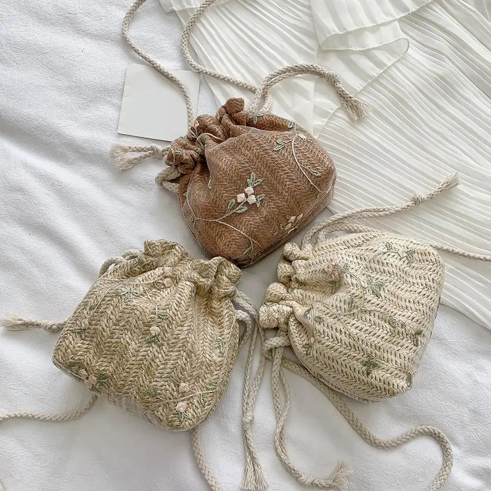 Small Straw Beach Bag Flower Embroidery Crossbody Handbag