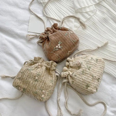 Small Straw Beach Bag Flower Embroidery Crossbody Handbag