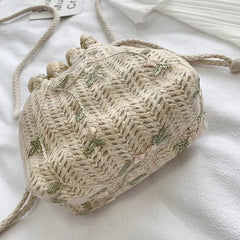Women Straw Beach Bag Flower Embroidery Crossbody Handbag