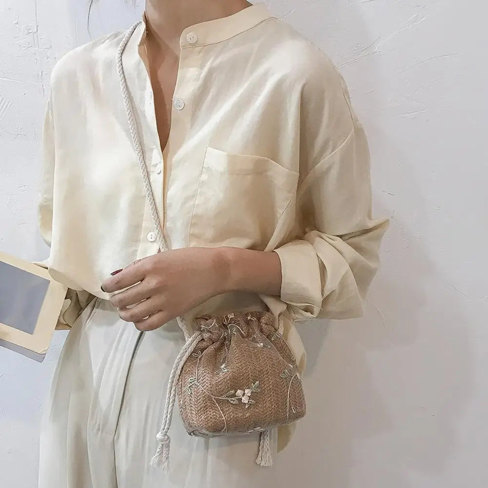 Small Straw Beach Bag Flower Embroidery Crossbody Handbag