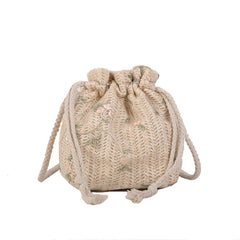 Women Straw Beach Bag Flower Embroidery Crossbody Handbag