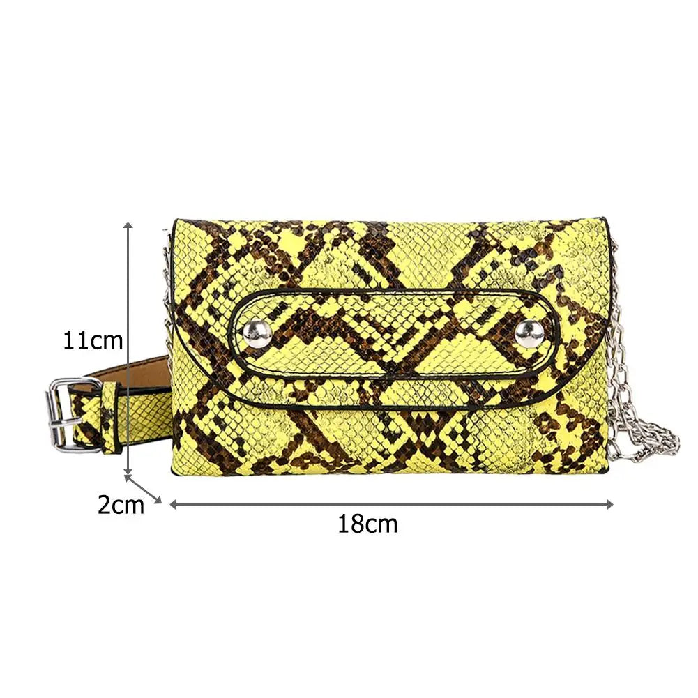 Snake Print Shoulder Waist Fanny Packs Women PU Leather Chain Chest Bags