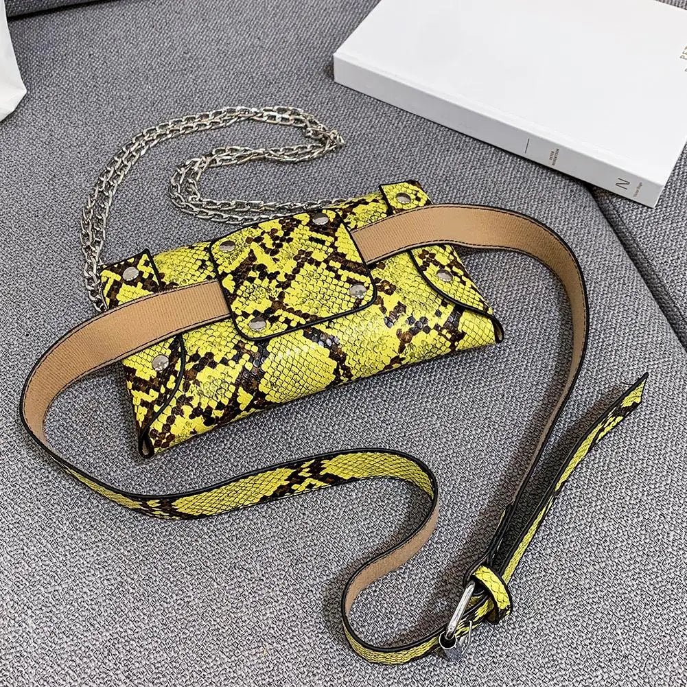Snake Print Shoulder Waist Fanny Packs Women PU Leather Chain Chest Bags
