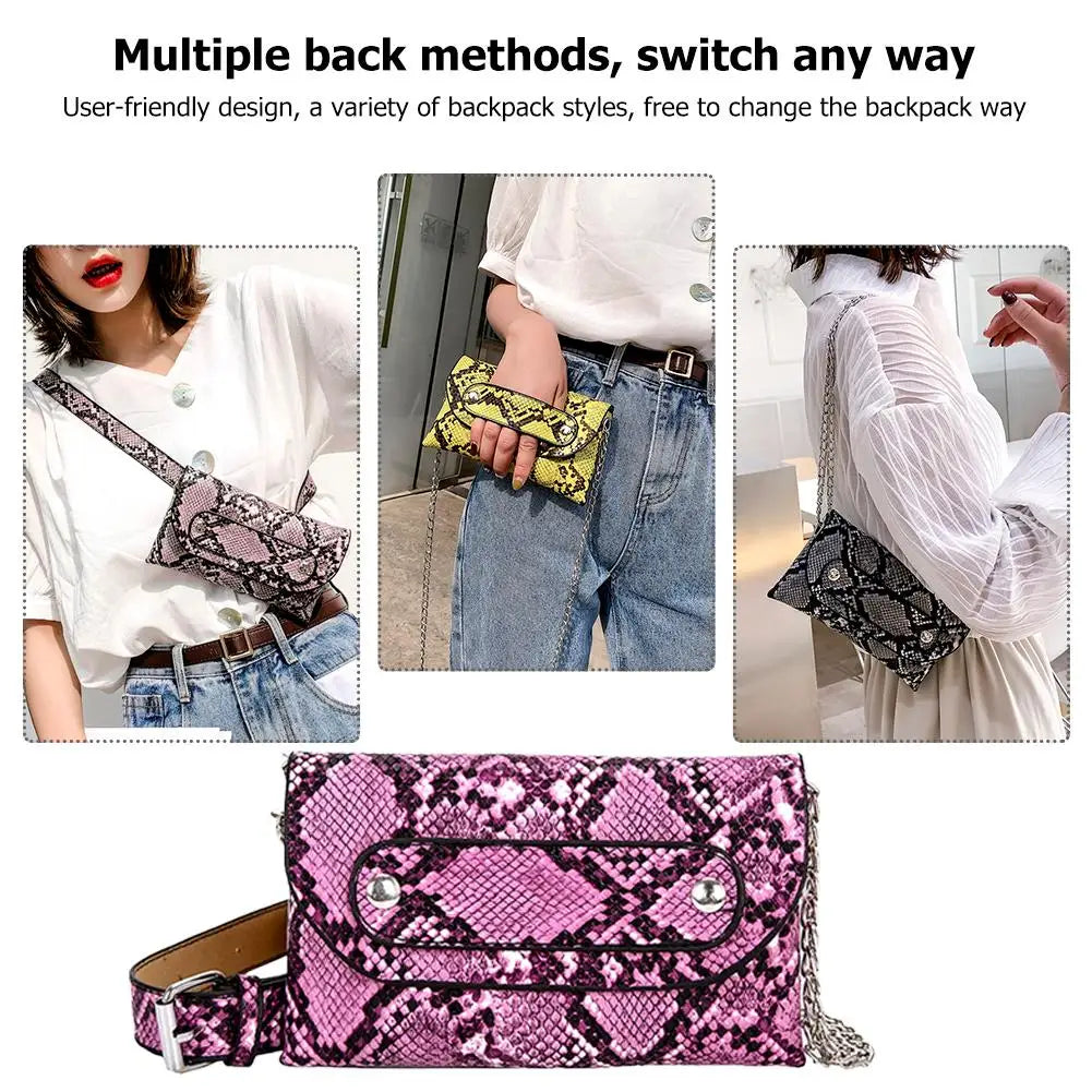 Snake Print Shoulder Waist Fanny Packs Women PU Leather Chain Chest Bags