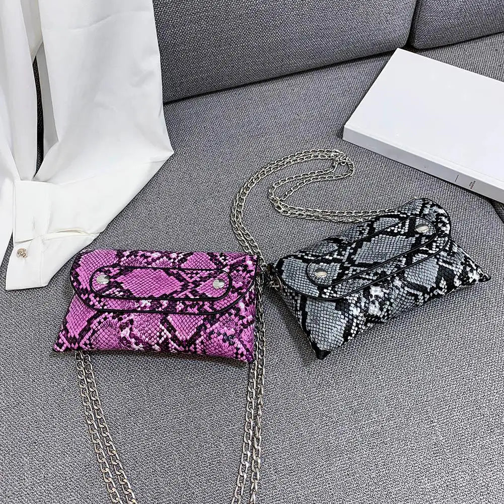 Snake Print Shoulder Waist Fanny Packs Women PU Leather Chain Chest Bags