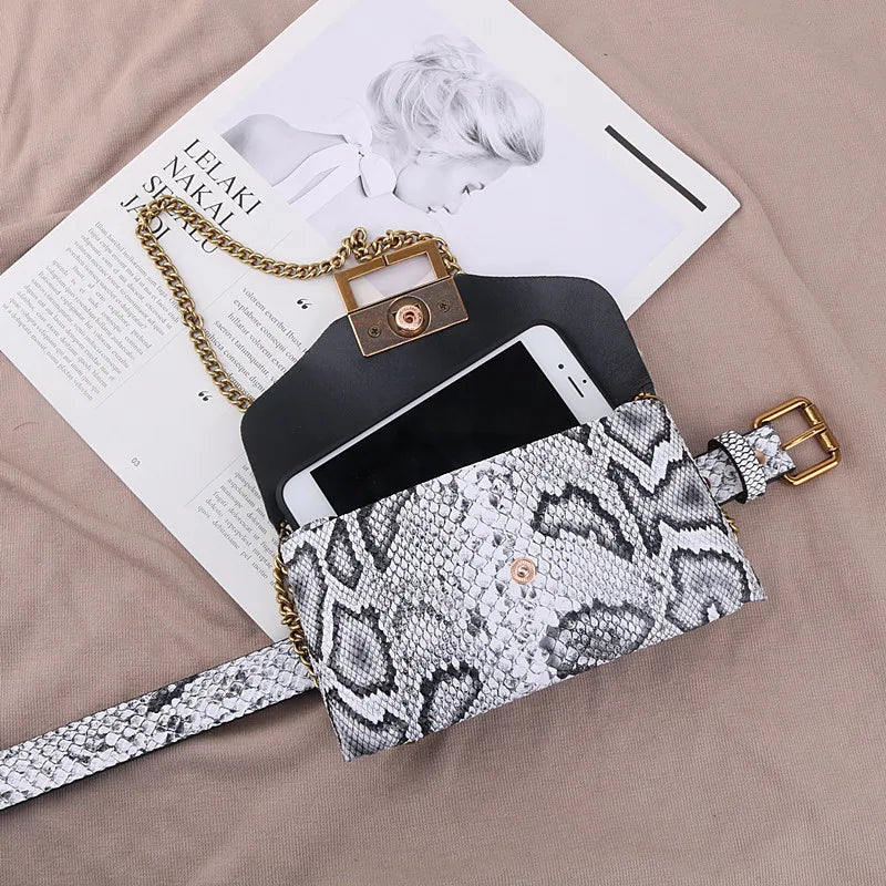 Snake Pattern Waist Bag PU Fanny Pack Chain Shoulder Bags