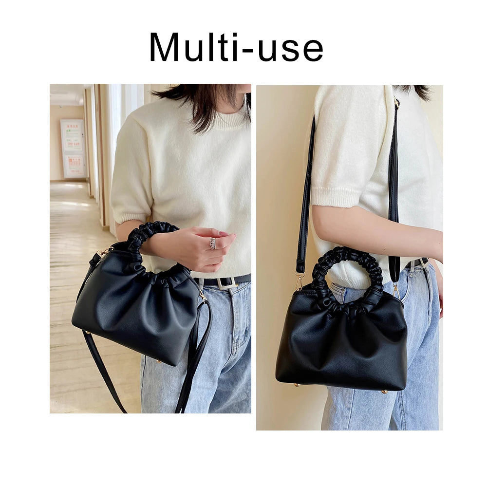 Soft Leather Handbag Pleated Clutches Women Dumpling Messenger Bags