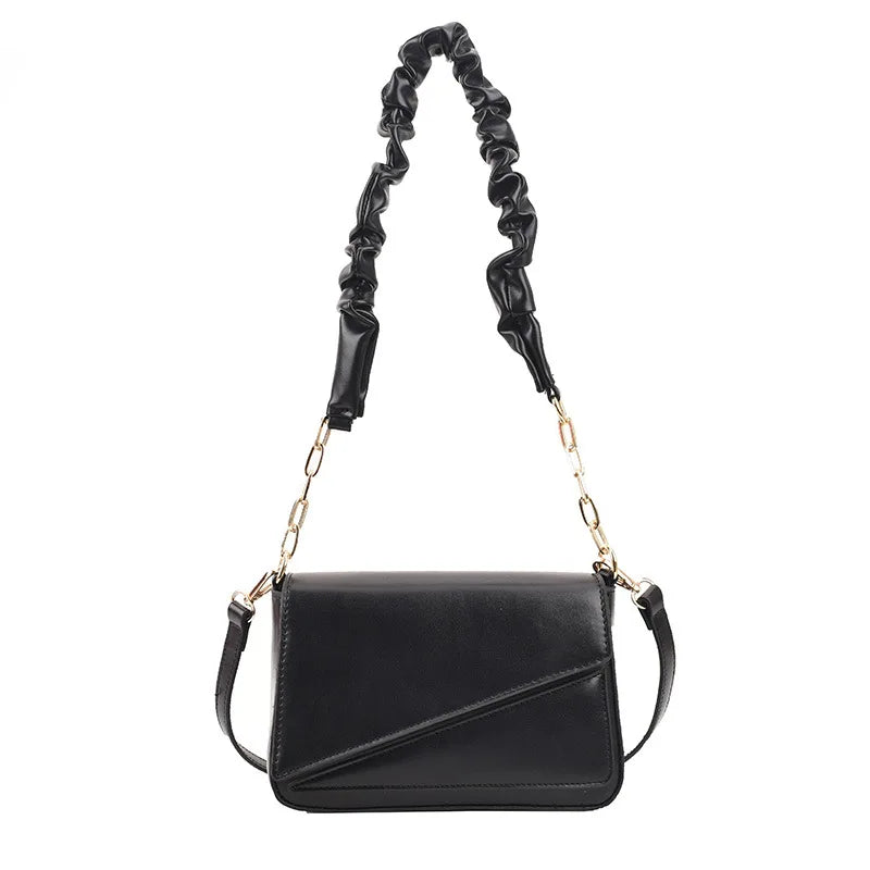 Flap Shoulder Bag PU Leather Women Handbag Ruched Handle Crossbody