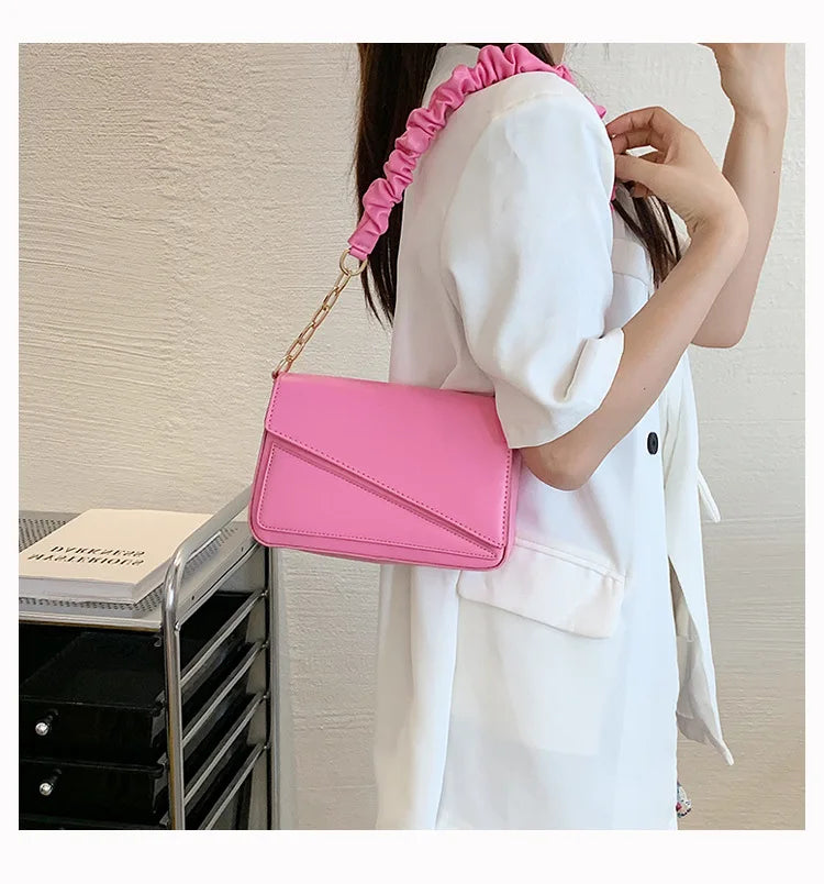 Flap Shoulder Bag PU Leather Women Handbag Ruched Handle Crossbody