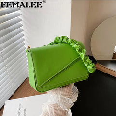 Flap Shoulder Bag PU Leather Women Handbag Ruched Handle Crossbody