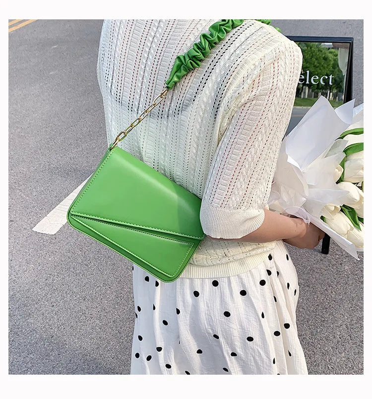 Flap Shoulder Bag PU Leather Women Handbag Ruched Handle Crossbody
