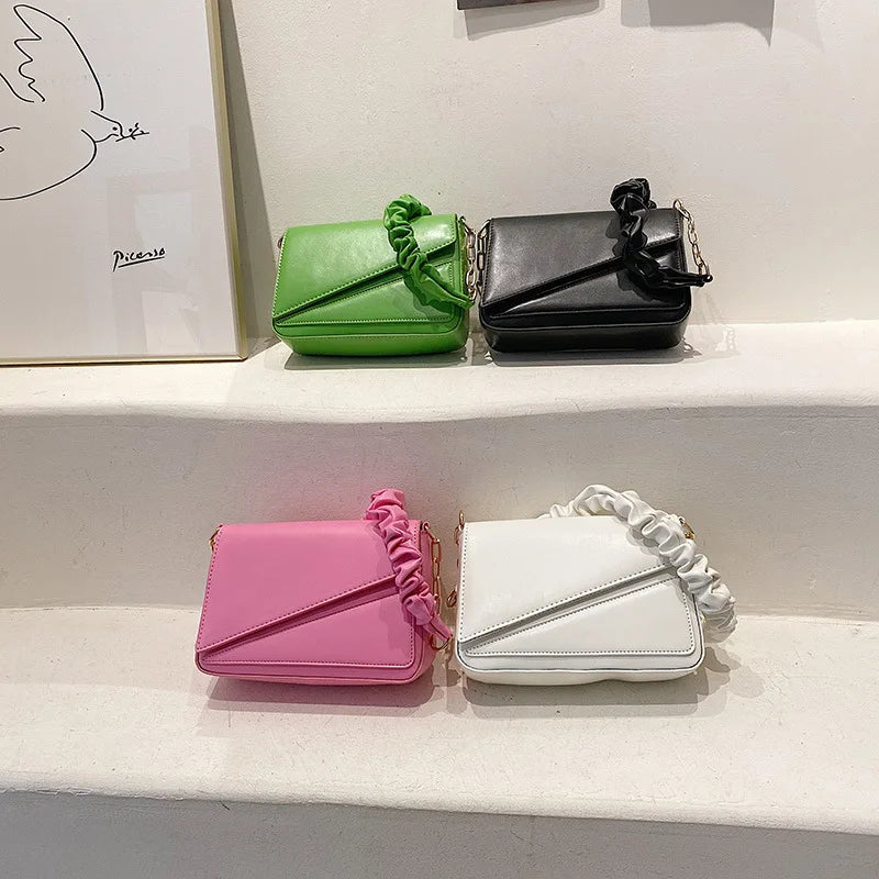 Flap Shoulder Bag PU Leather Women Handbag Ruched Handle Crossbody