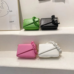 Flap Shoulder Bag PU Leather Women Handbag Ruched Handle Crossbody
