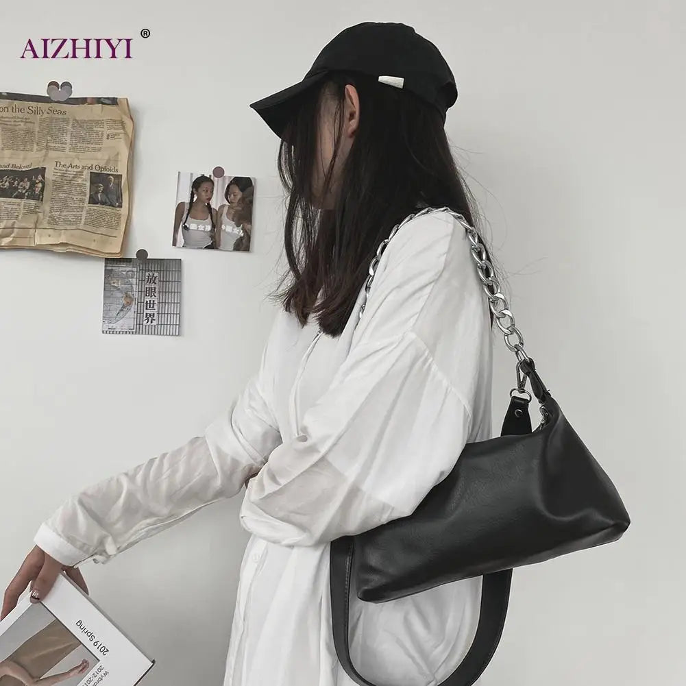 Women's Solid Messenger Bag PU Leather Chain Crossbody Handbag