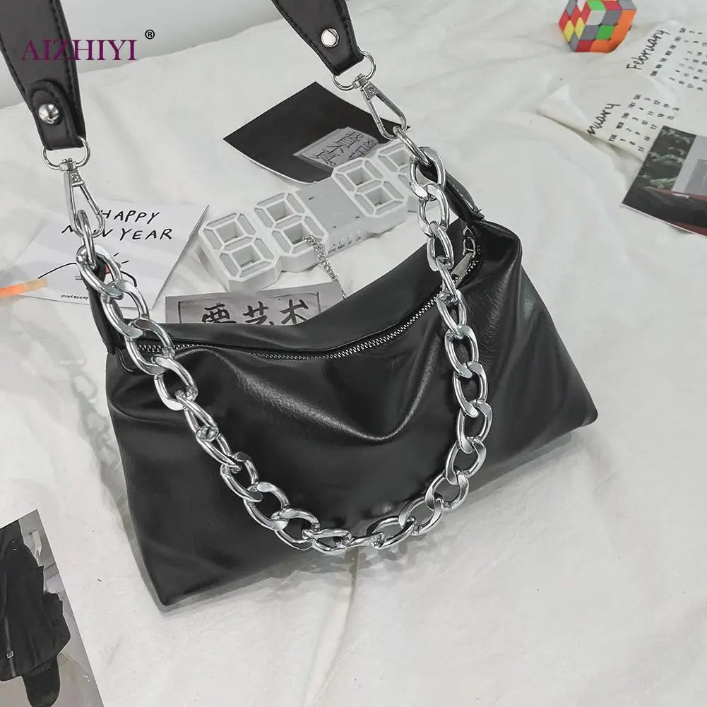 Women's Solid Messenger Bag PU Leather Chain Crossbody Handbag