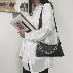 Women's Solid Messenger Bag PU Leather Chain Crossbody Handbag