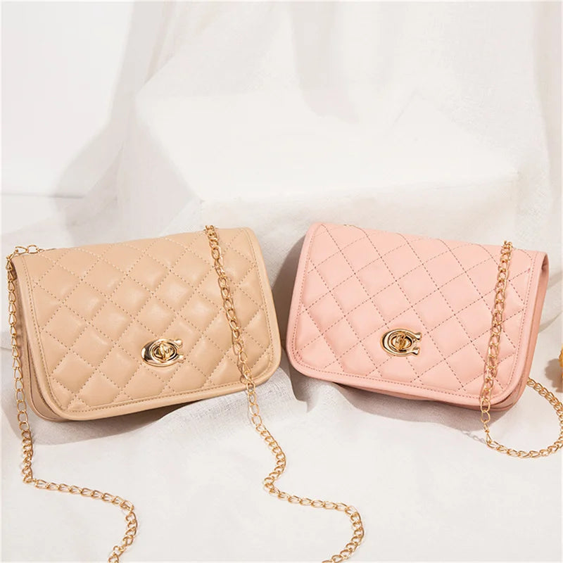 Solid Shoulder Bag Women Leather Casual Lingge Embroidery Chain Crossbody Bags